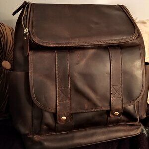 Full grain brown leather laptop backpack